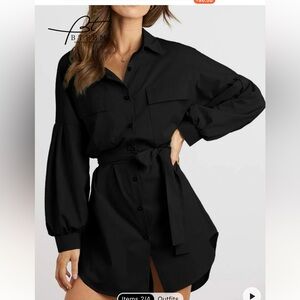 BTFBM Drop Shoulder Flap Pocket Belted Shirt Dress